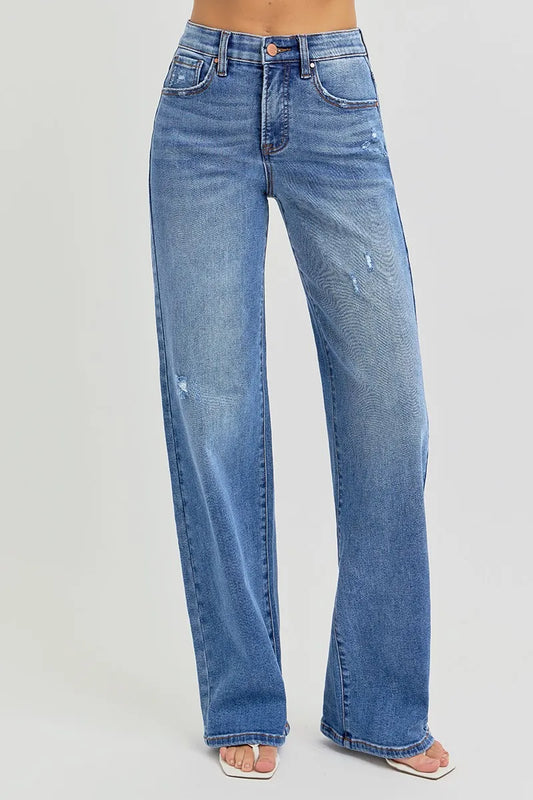 Image of RISEN Full Size Tummy Control Elastic Band High Rise Wide Jeans Plus Size | Queeble.shop