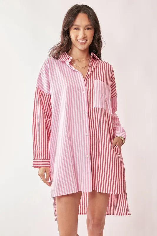 Image of Davi & Dani Multi Color Stripe Mixed Button Front Tunic Shirt Dress | Queeble.shop