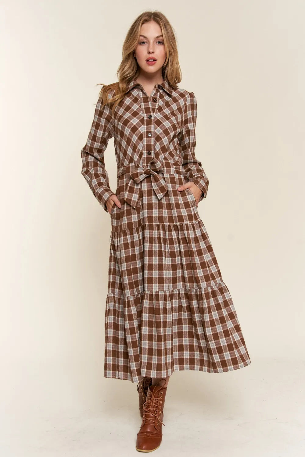 Image of And the Why Plaid Tiered Midi Shirt Dress | Queeble.shop