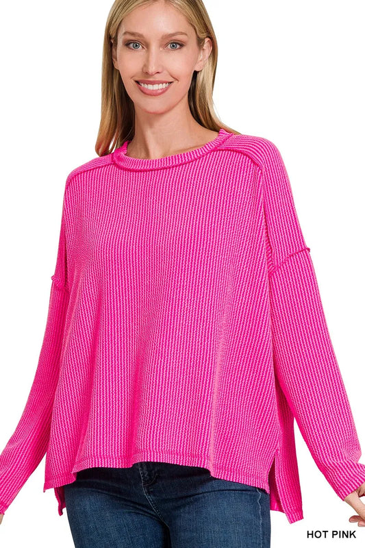 Image of Zenana Exposed Seam Long Sleeve Corded Rib Knit Top | Queeble.shop