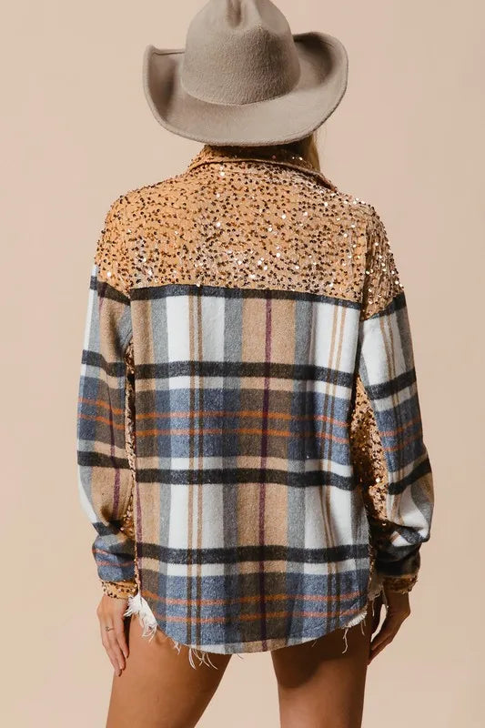 Image of BiBi Curved Hem Sequin Plaid Button Up Shacket | Queeble.shop