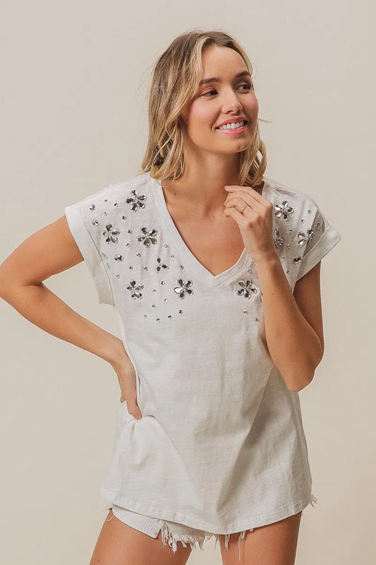 Image of BiBi Slub Jersey Rhinestone V Neck Top | Queeble.shop