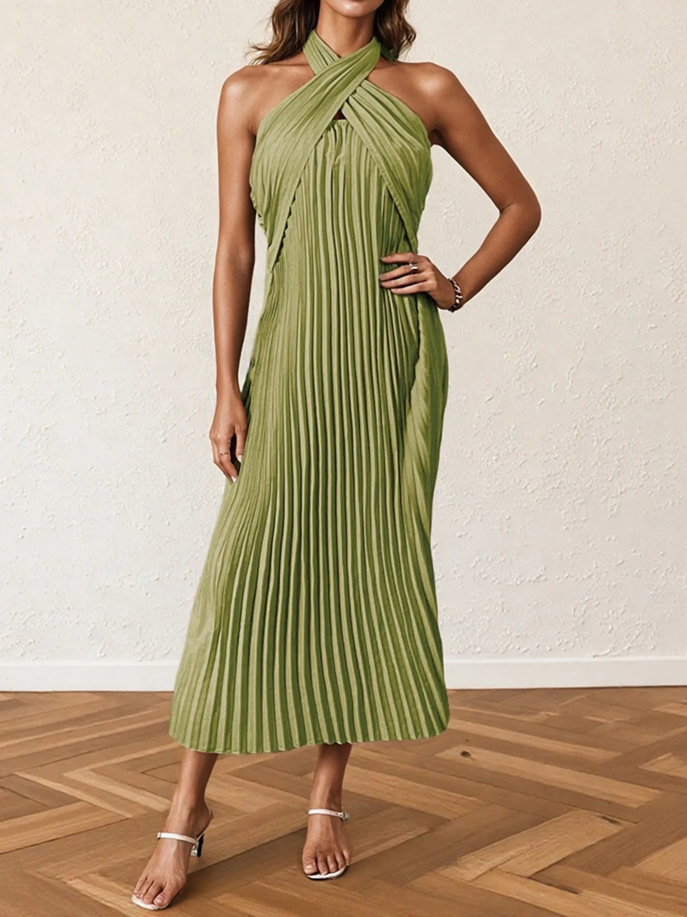 Image of Pleated Halter Neck Midi Dress | Queeble.shop