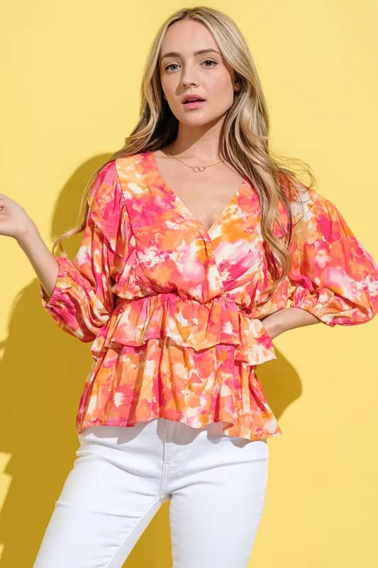 Image of And The Why Ruffled Printed Puff Sleeve Blouse | Queeble.shop