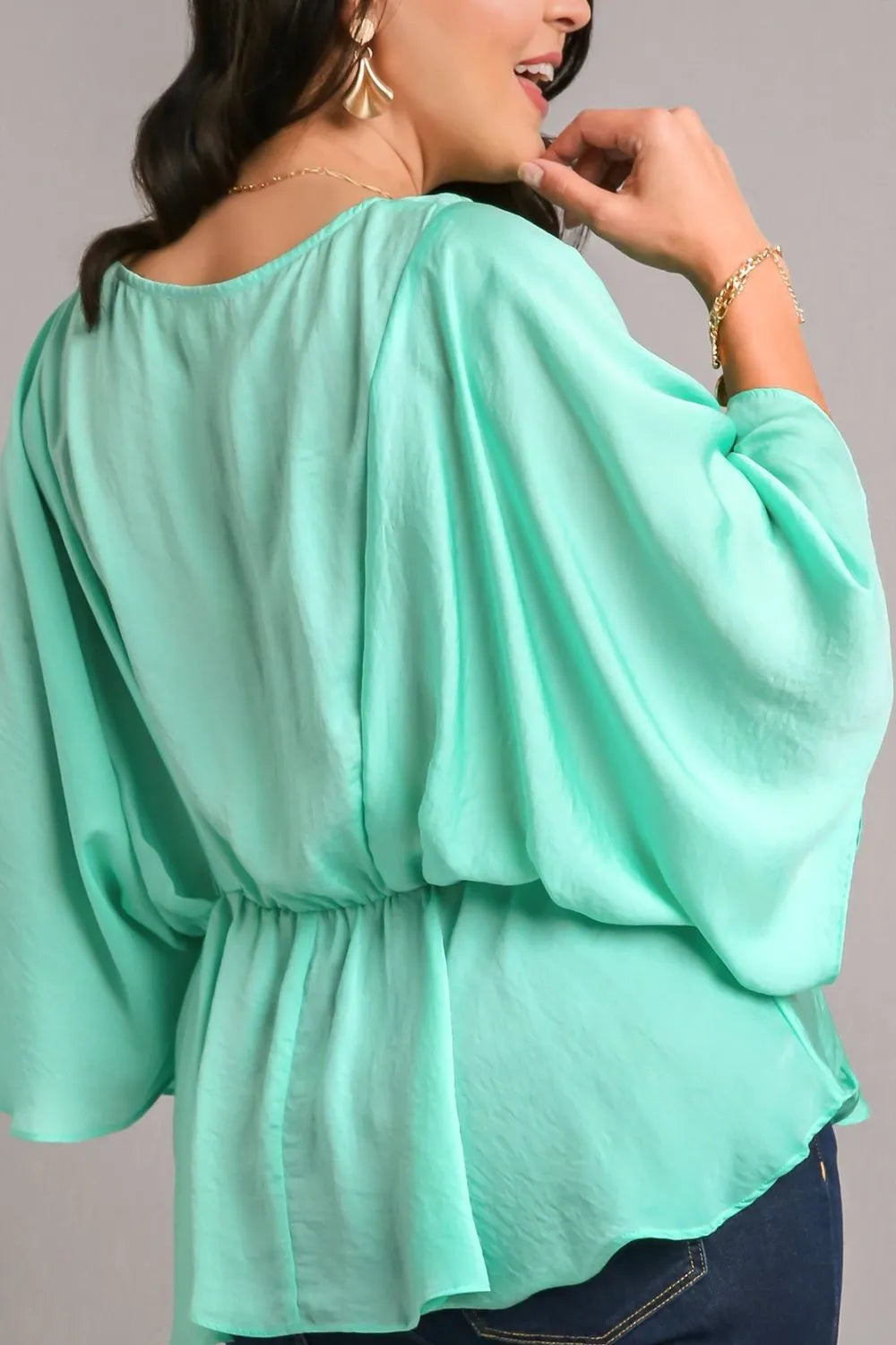 Image of Umgee Full Size Satin Pleated Peplum Round Neck Blouse Plus Size | Queeble.shop