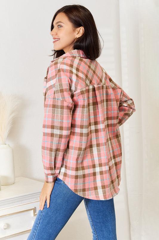 Image of Double Take Plaid Collared Neck Long Sleeve Button-Up Shirt | Queeble.shop