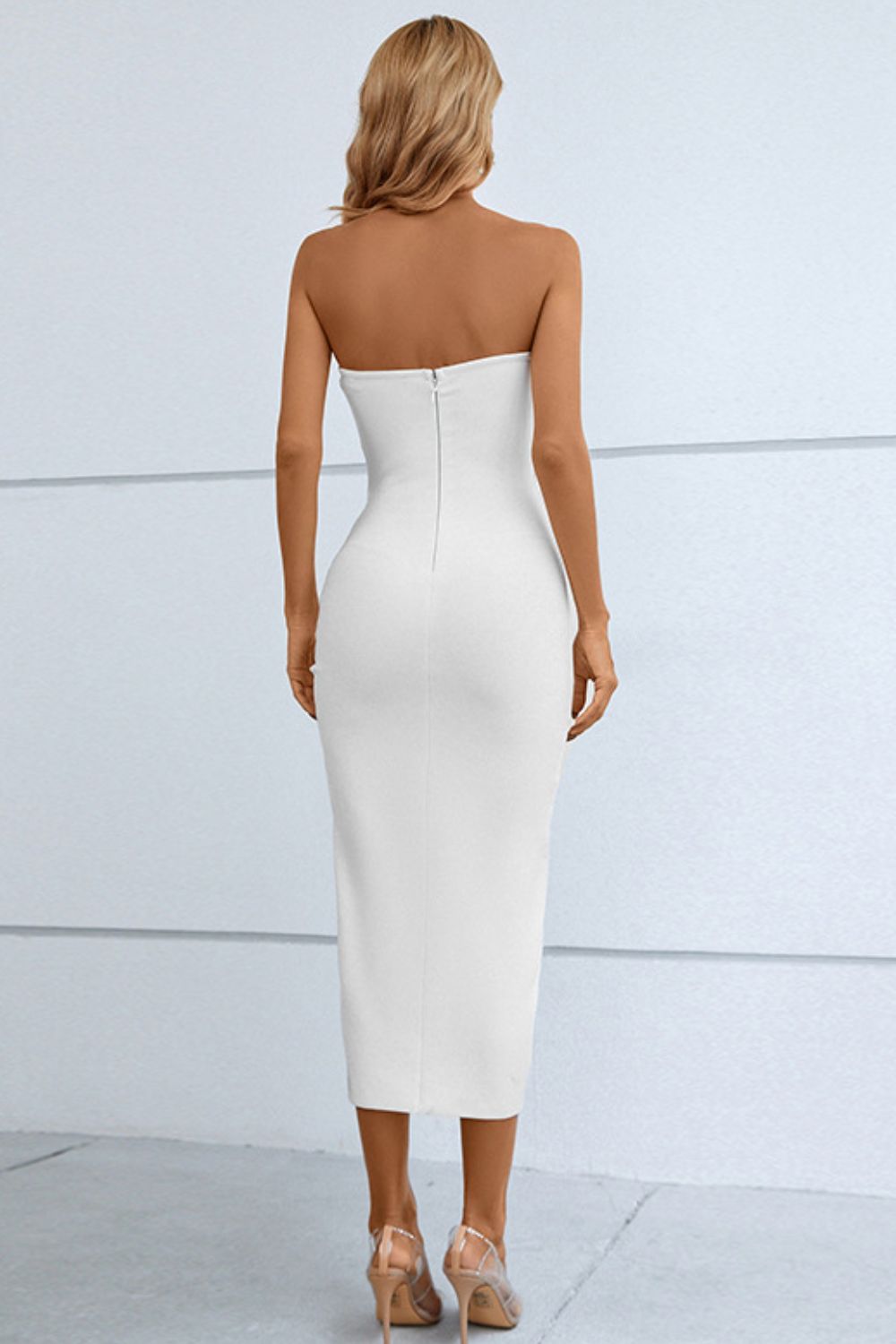 Image of Cutout Strapless Drawstring Detail Split Bandage Dress | Queeble.shop
