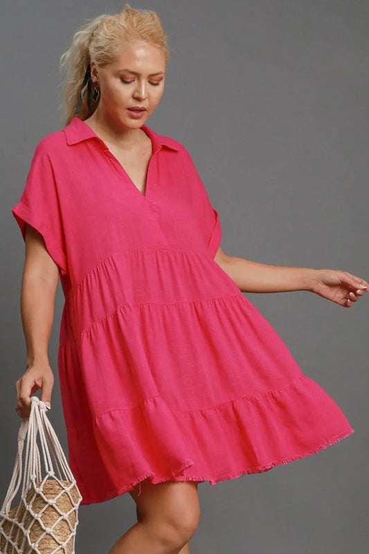 Image of Umgee Full Size Raw Hem Folded Sleeve Tiered Dress Plus Size | Queeble.shop
