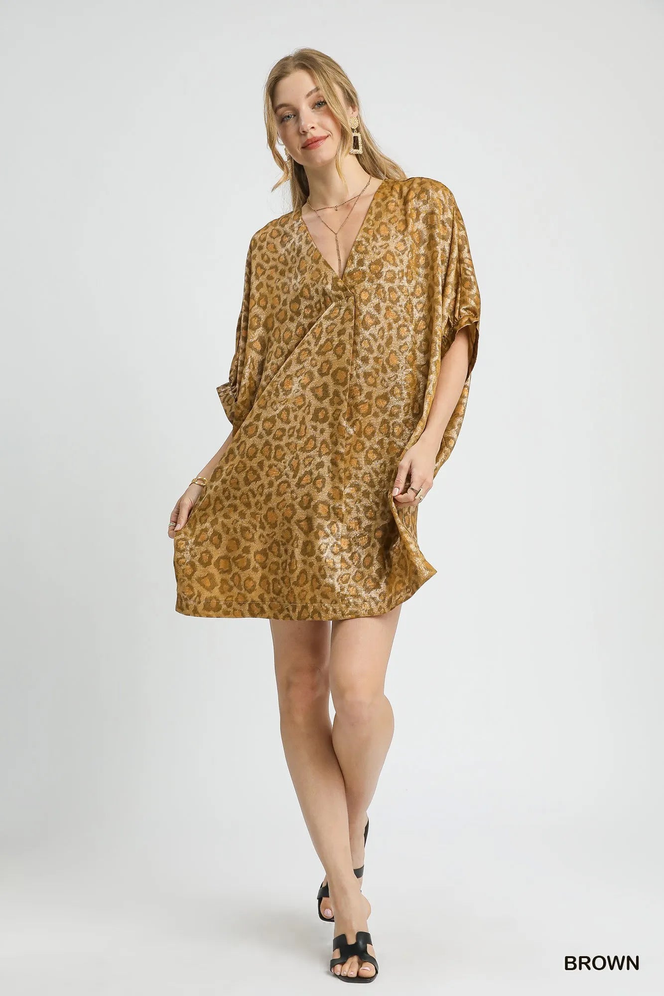 Image of Umgee Metallic Leopard Print V-Neck Kimono Dress | Queeble.shop