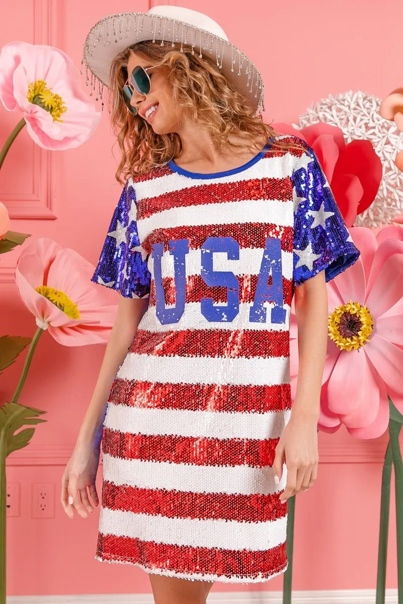 Image of BiBi American Flag Theme Usa Print Sequin Dress | Queeble.shop