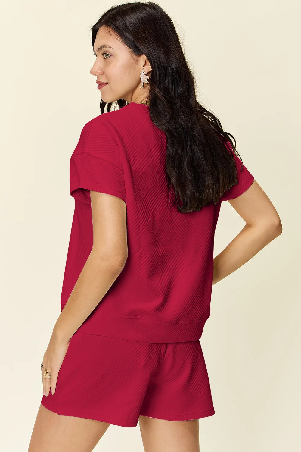 Image of Double Take Full Size Texture Short Sleeve T-Shirt and Drawstring Shorts Set | Queeble.shop