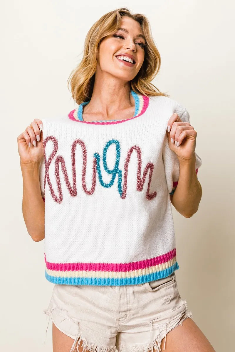 Image of BiBi Metallic Letter Short Puff Sleeve Sweater | Queeble.shop