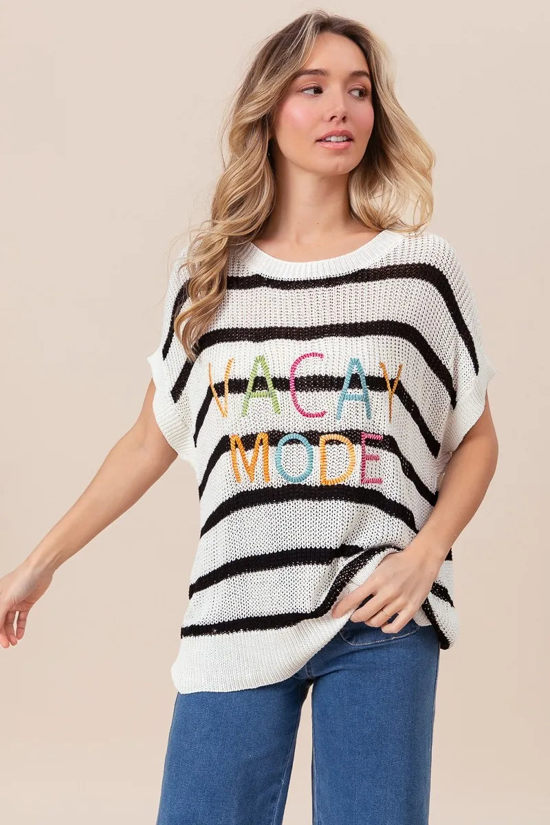 Image of BiBi Vacay Mode Lettering Drop Shoulder Striped Sweater | Queeble.shop