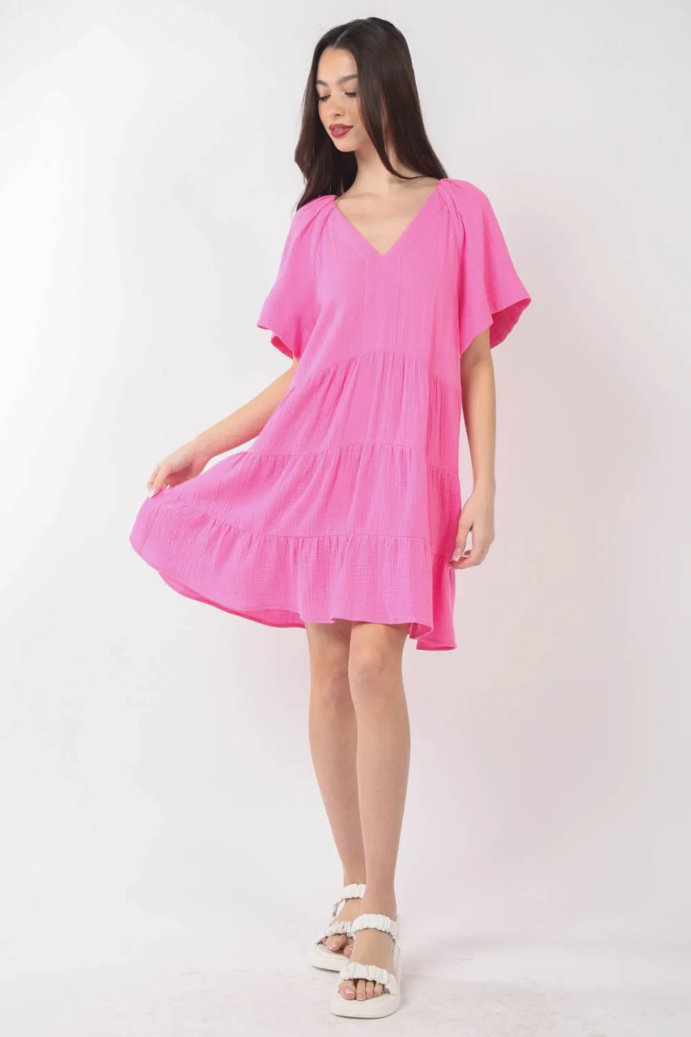Image of VERY J Texture V-Neck Ruffled Tiered Dress | Queeble.shop