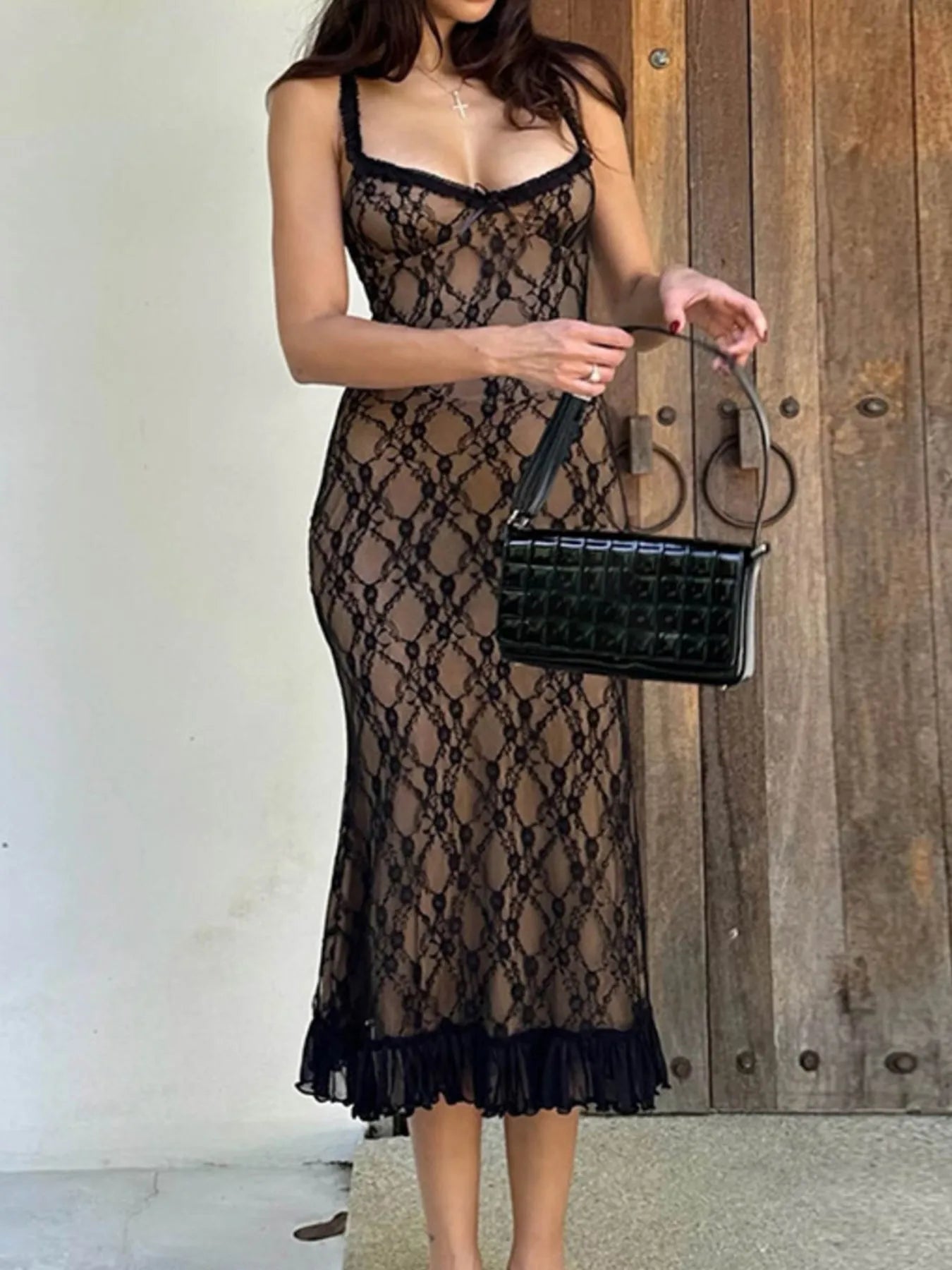 Image of Lace V-Neck Midi Cami Dress | Queeble.shop