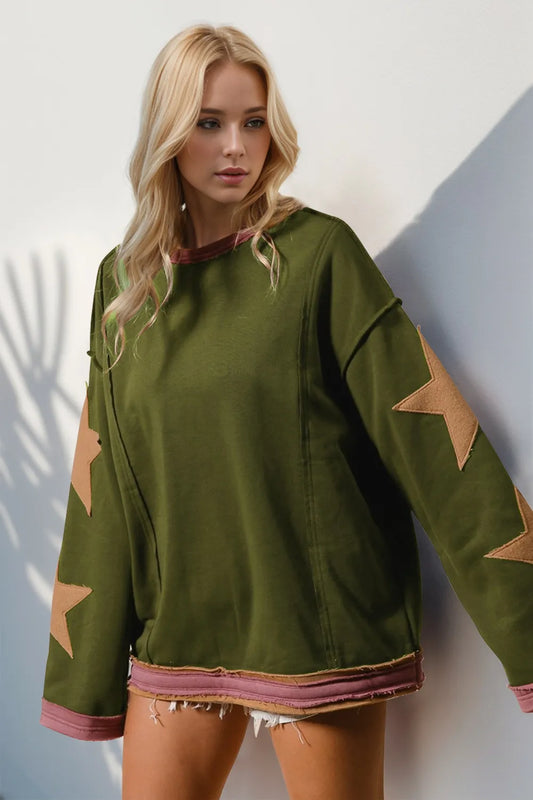Image of Double Take Star Patched Long Sleeve Sweatshirt | Queeble.shop