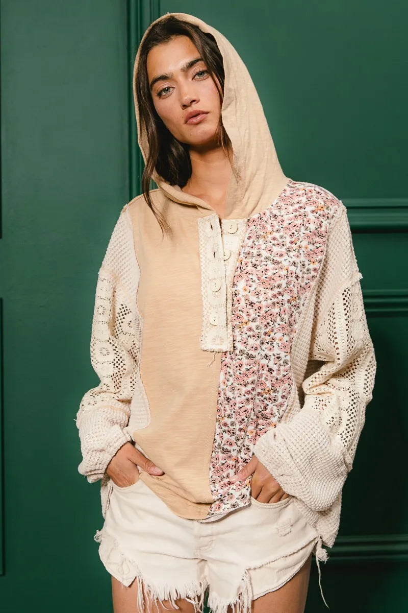 Image of BiBi Slub Jersey with Lace Combo Buttoned Hoodie Top | Queeble.shop