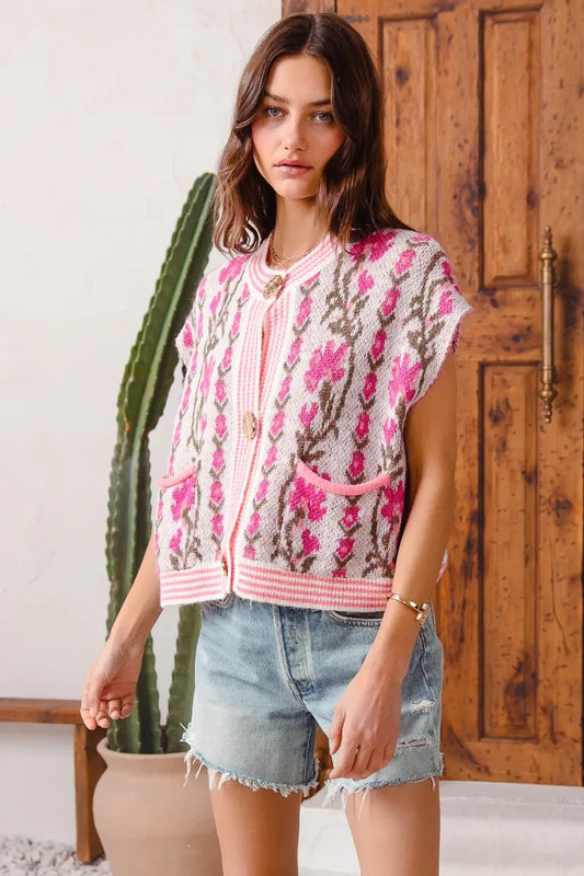 Image of SO ME Button Front Floral and Stripe Knitted Sweater Vest | Queeble.shop