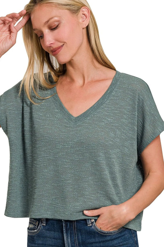 Image of Zenana Hacci Slub V-neck Drop Shoulder Crop Top | Queeble.shop