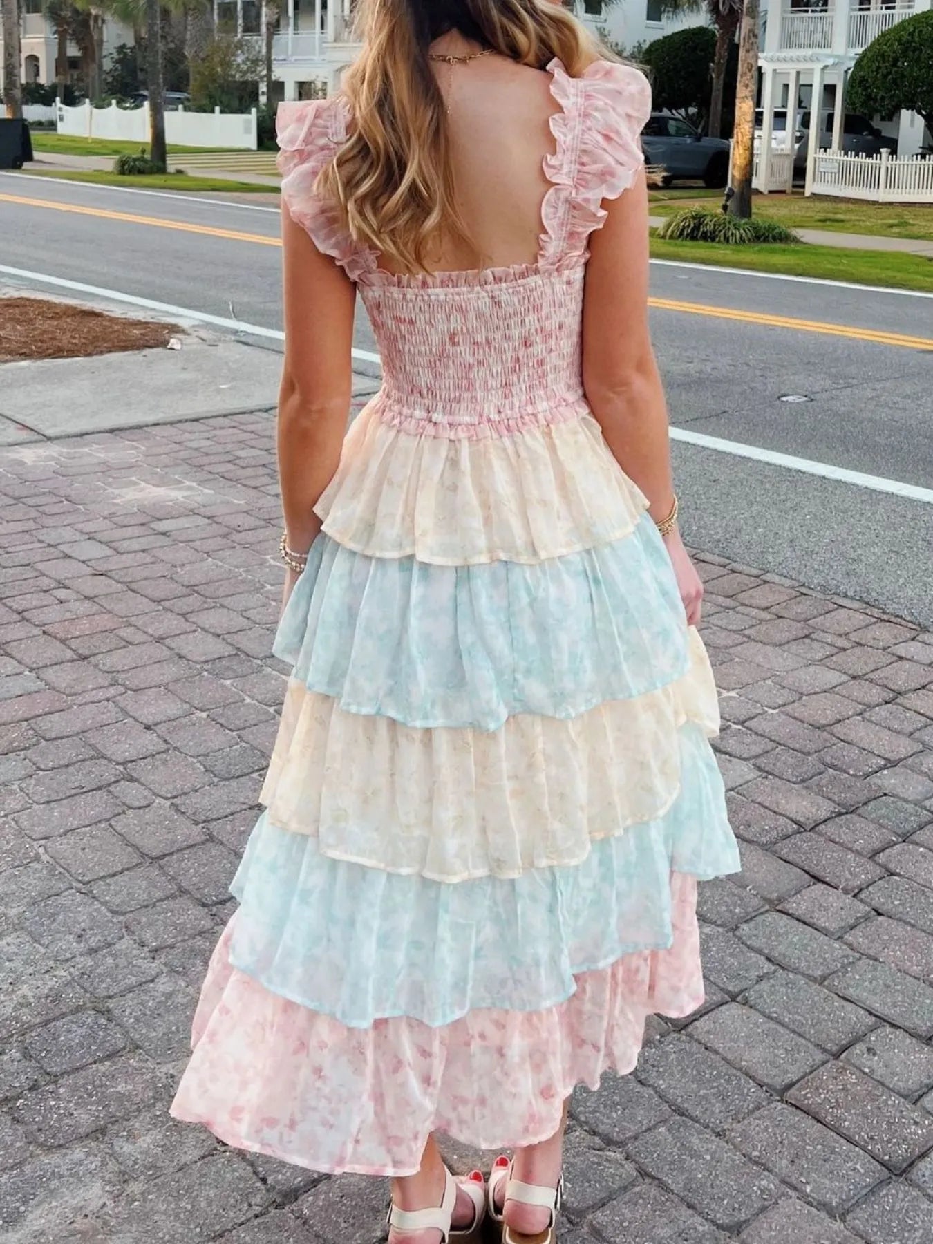 Image of Smocked Ruffle Layered Floral Midi Dress | Queeble.shop