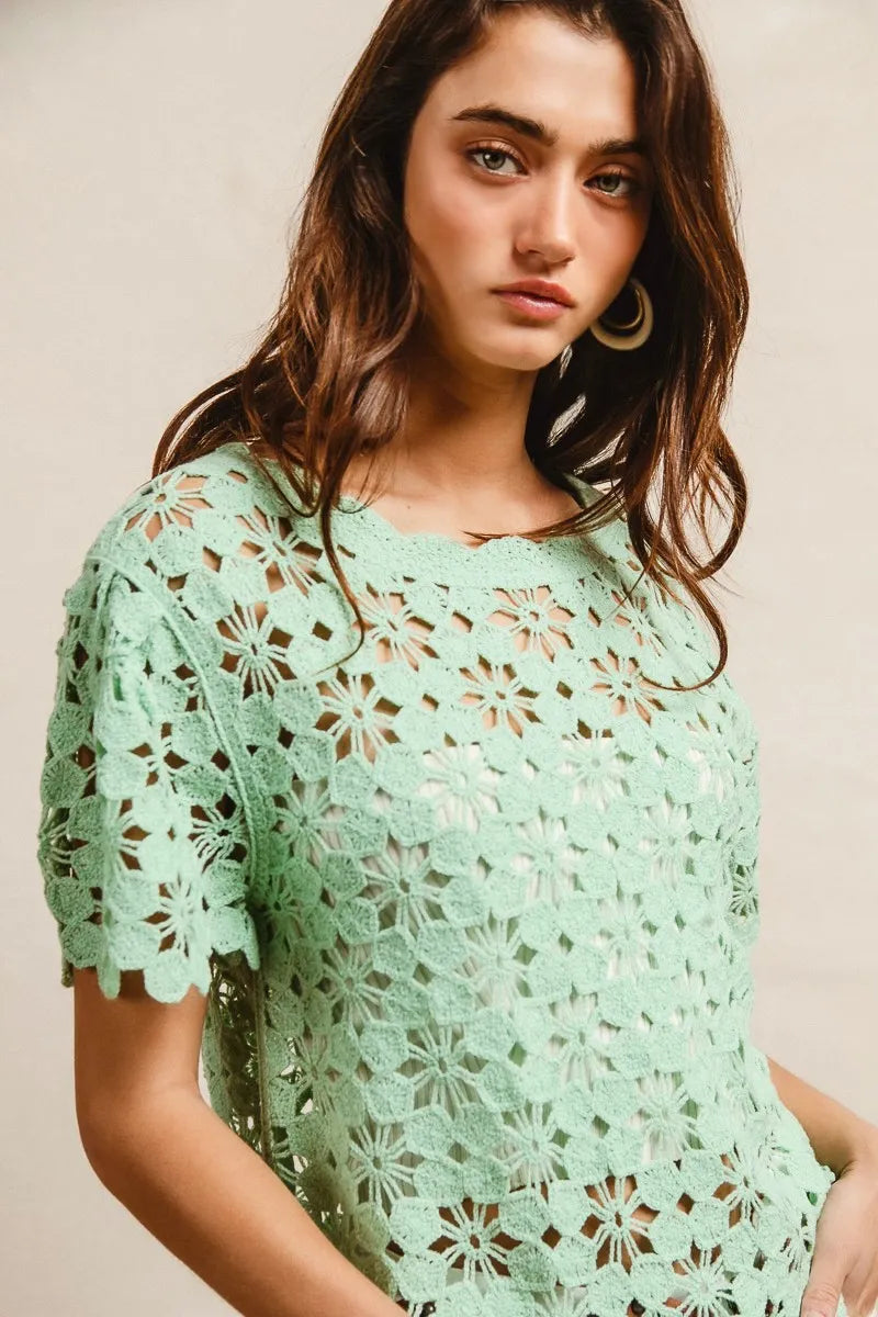 Image of BiBi Openwork Crochet Short Sleeve Knit Top | Queeble.shop