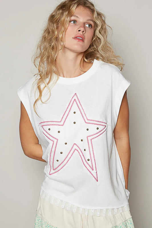 Image of POL Star Patch Studded Sleeveless T-Shirt with Lace Hem | Queeble.shop