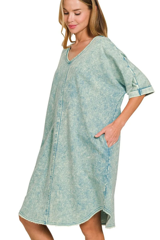 Image of Zenana Acid-washed French Terry Tee Shirts Dress | Queeble.shop