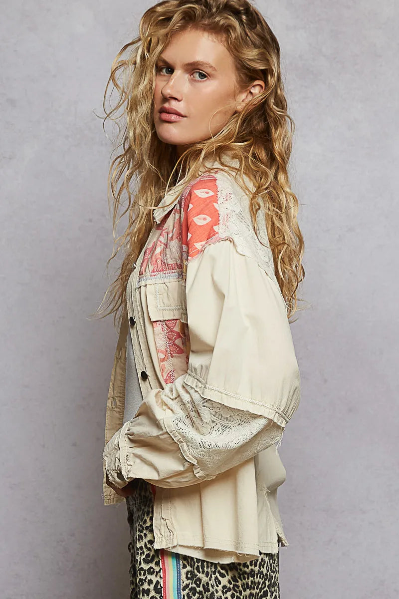 Image of POL Printed Woven Mix Raw Hem Jacket with Lace Detail | Queeble.shop
