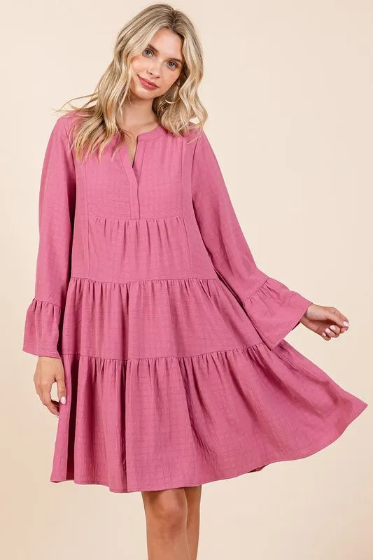 Image of Mittoshop Tiered Notched Flare Sleeve Dress | Queeble.shop