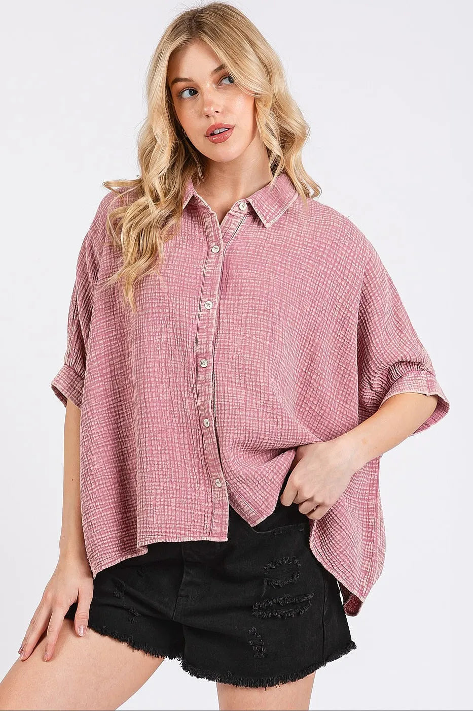 Image of Mittoshop Mineral Wash Gauze Dolman Sleeve Button Down Shirt | Queeble.shop