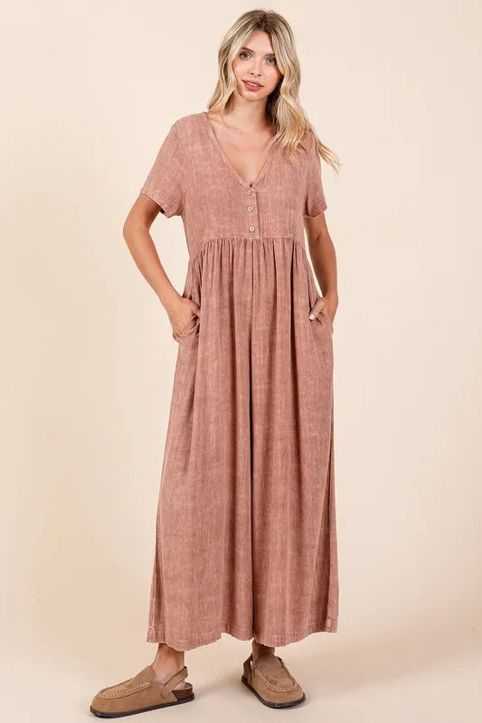 Image of Mittoshop Mineral Wash Short Sleeve Flowy Wide Leg Jumpsuit | Queeble.shop