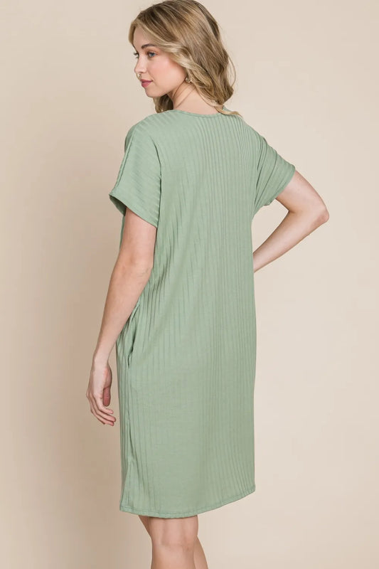 Image of BOMBOM Ribbed Round Neck Short Sleeve Dress | Queeble.shop