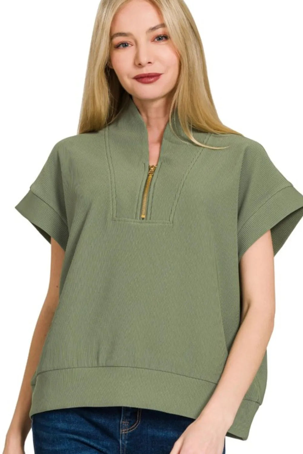 Image of Zenana Ribbed High Neck Half Zip Top | Queeble.shop