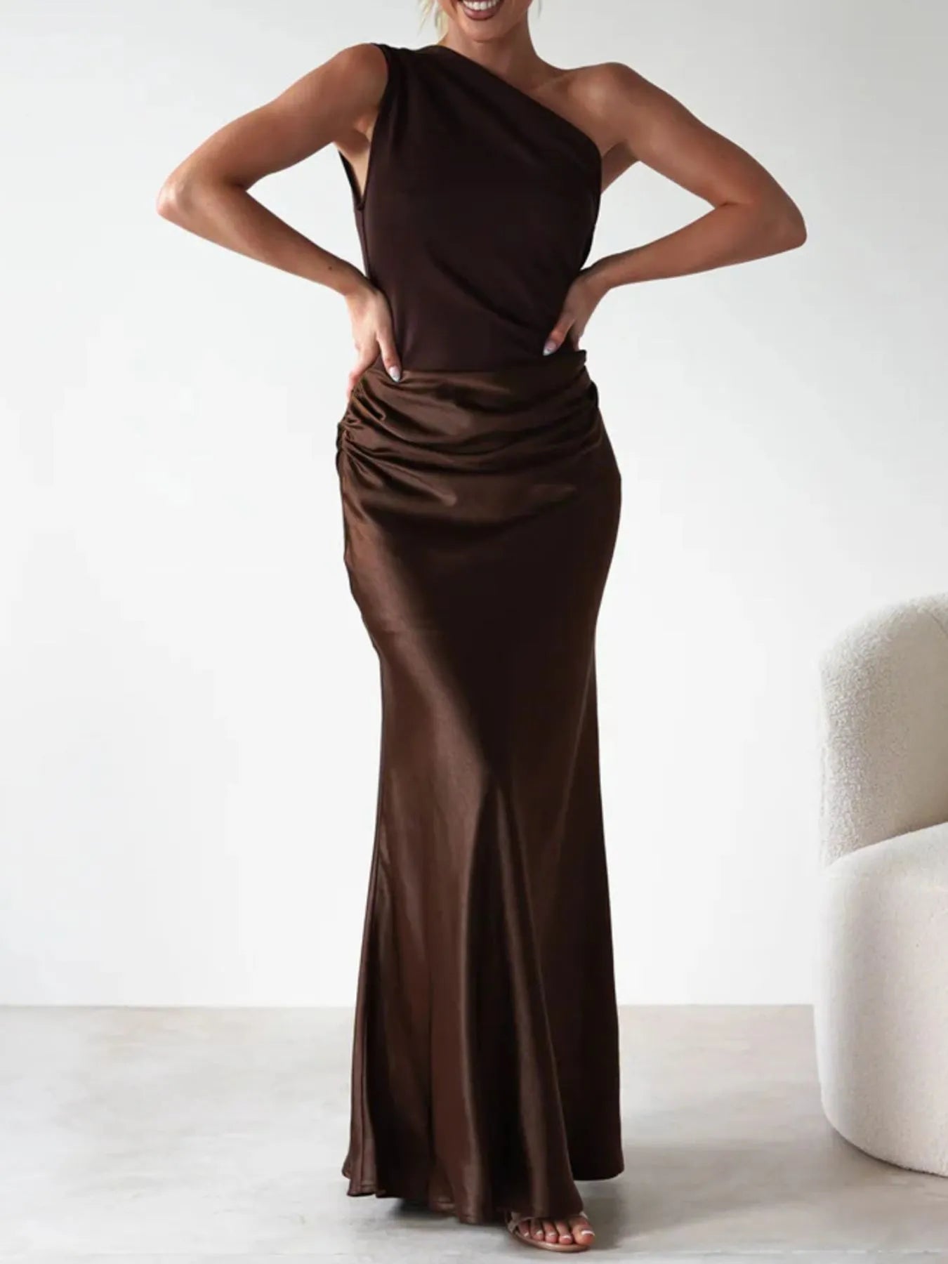 Image of One Shoulder Ruched Bodycon Maxi Dress | Queeble.shop
