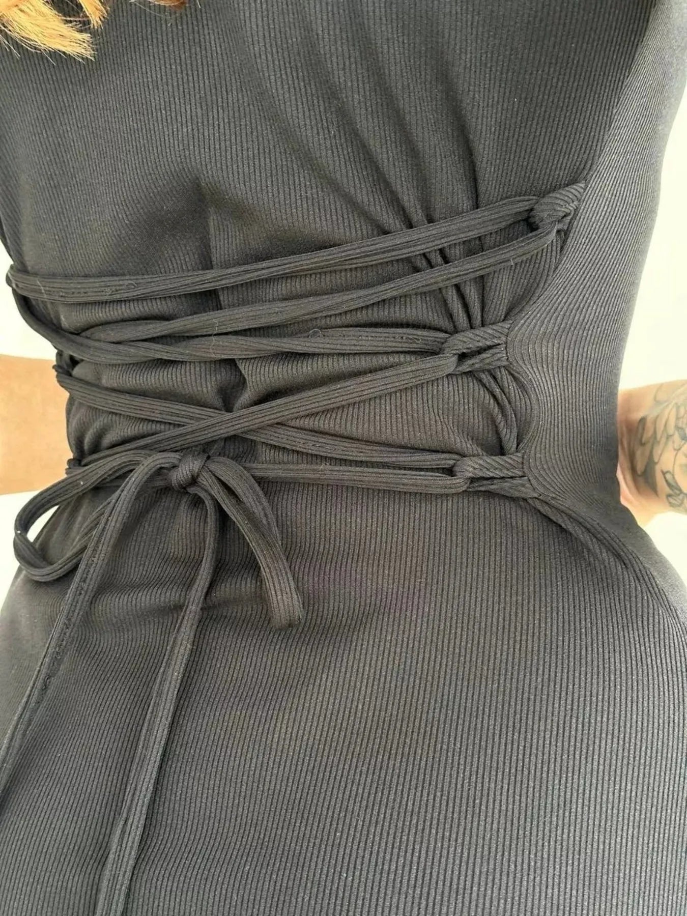 Image of Ribbed Back Lace Up Short Sleeve Mini Dress | Queeble.shop