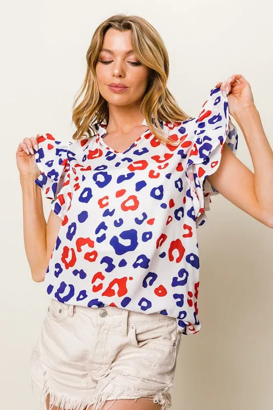 Image of BiBi Leopard Notched Ruffled Cap Sleeve Blouse | Queeble.shop