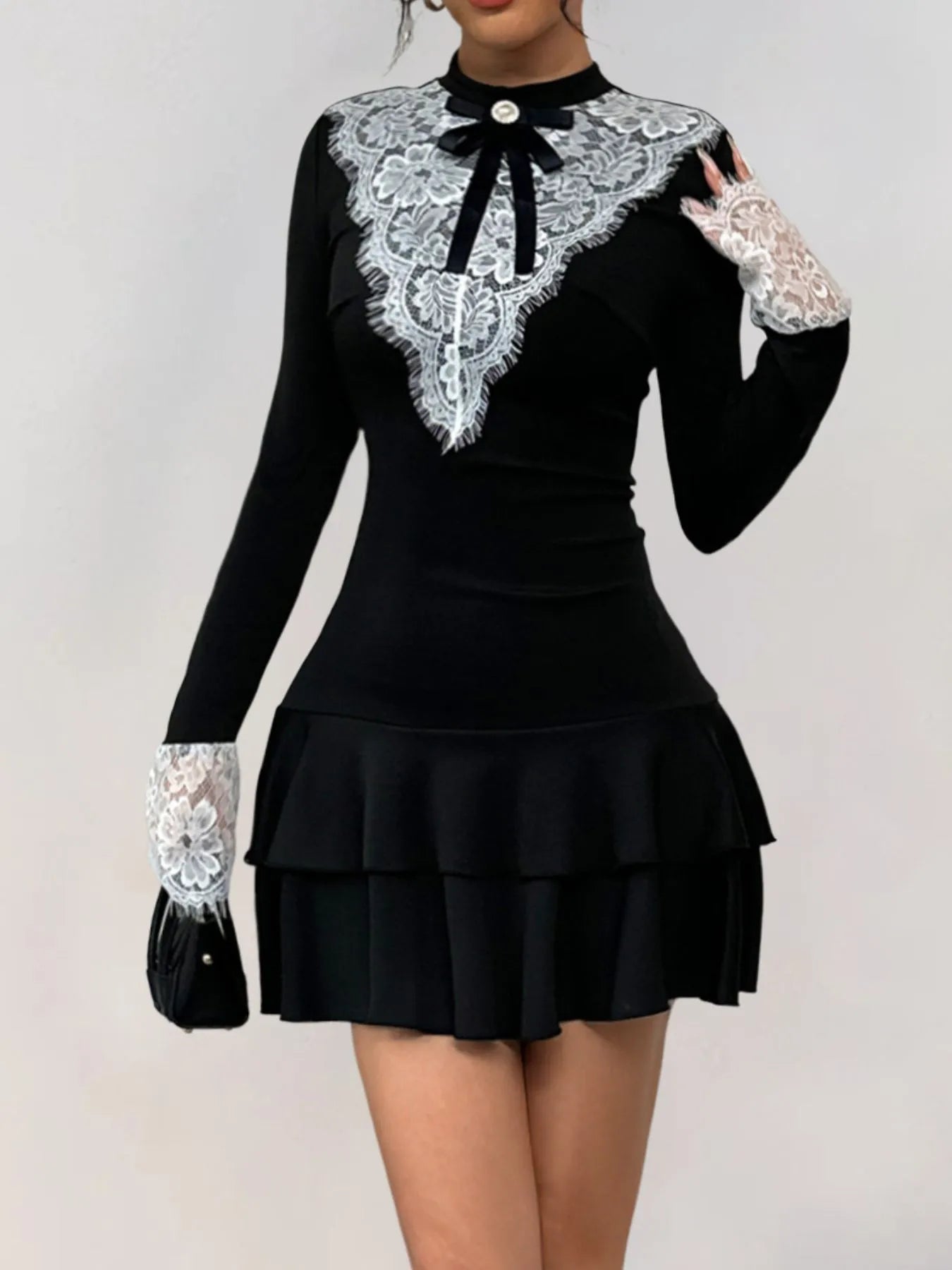 Image of Lace Detail Long Sleeve Mini Dress | Queeble.shop