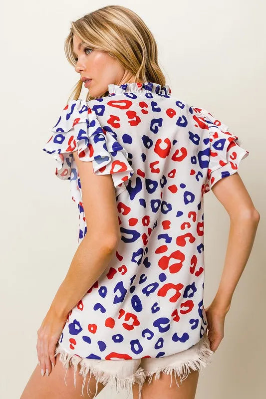Image of BiBi Leopard Notched Ruffled Cap Sleeve Blouse | Queeble.shop