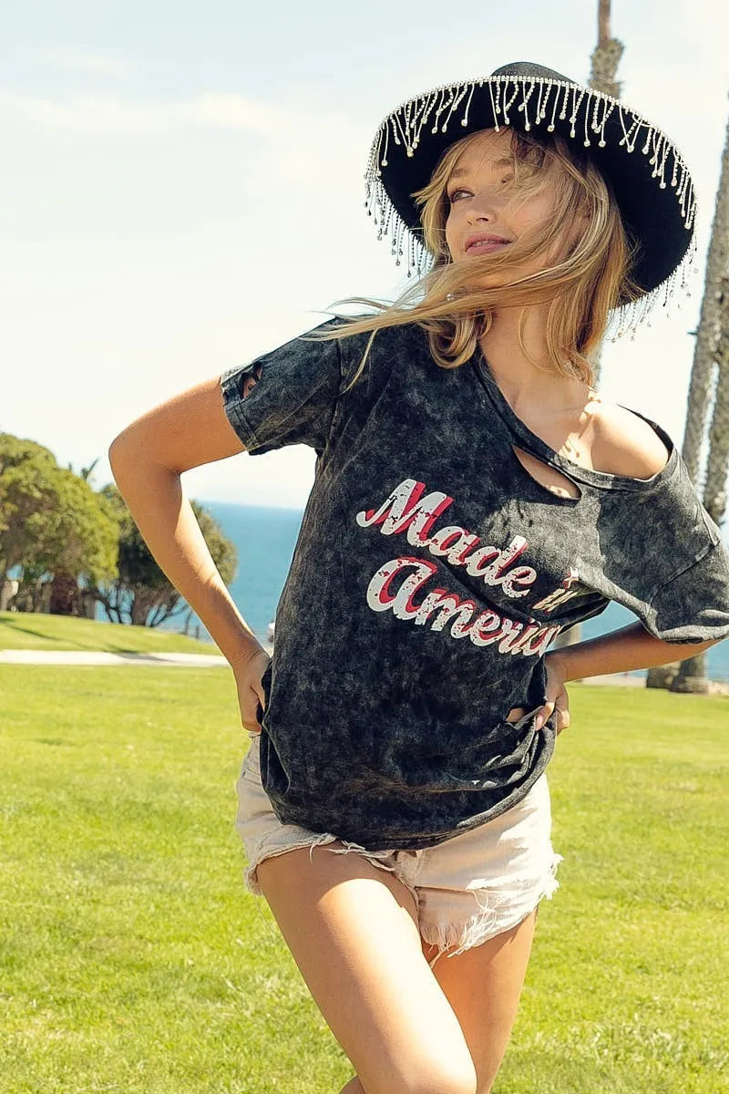 Image of BiBi Laser Cut Mineral Washed America Print Top | Queeble.shop