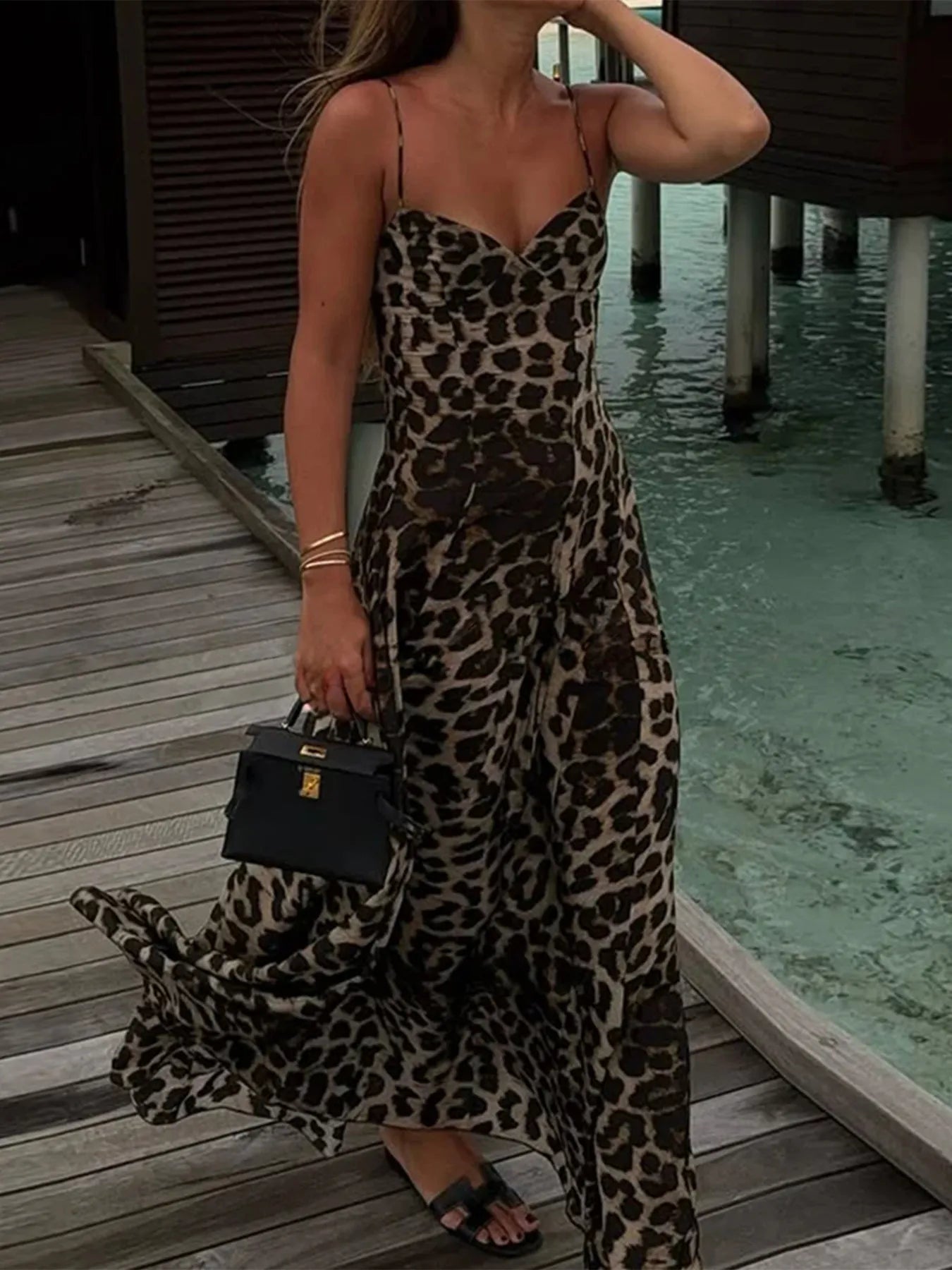 Image of Leopard Print Sweetheart Neck Maxi Cami Dress | Queeble.shop