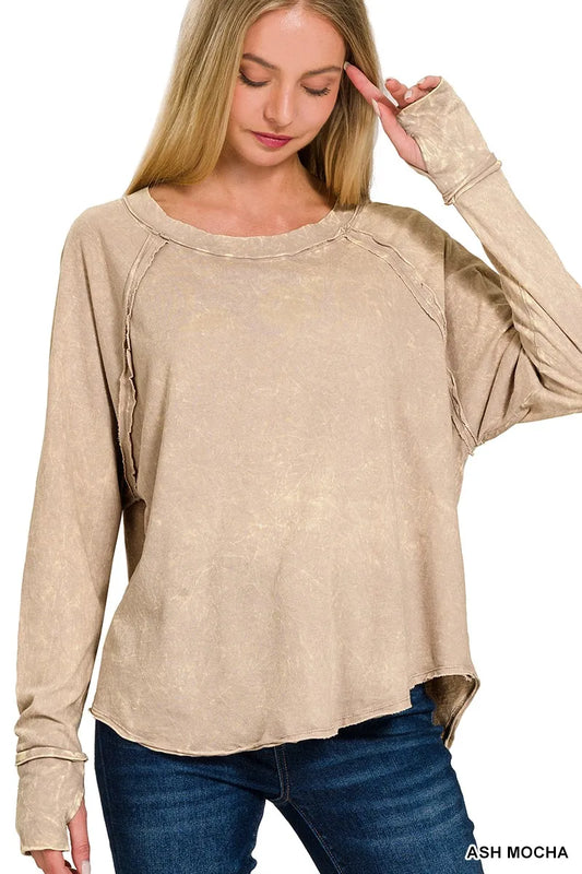 Image of Zenana Crinkle Washed Thumb Hole Cuffs Long Sleeve Top | Queeble.shop