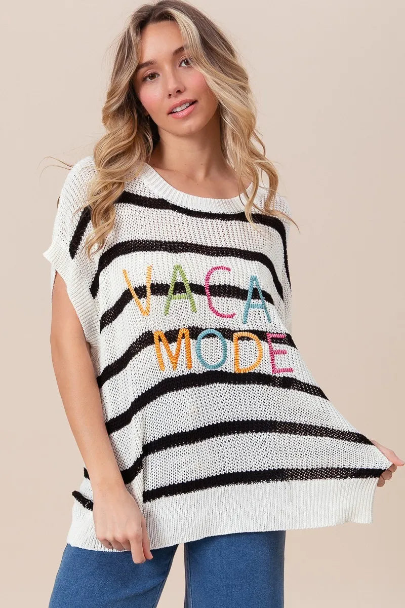 Image of BiBi Vacay Mode Lettering Drop Shoulder Striped Sweater | Queeble.shop