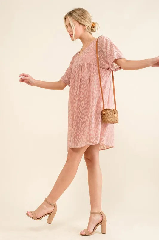 Image of And The Why Woven Leopard Baby Doll Roll-Sleeve Casual Dress | Queeble.shop