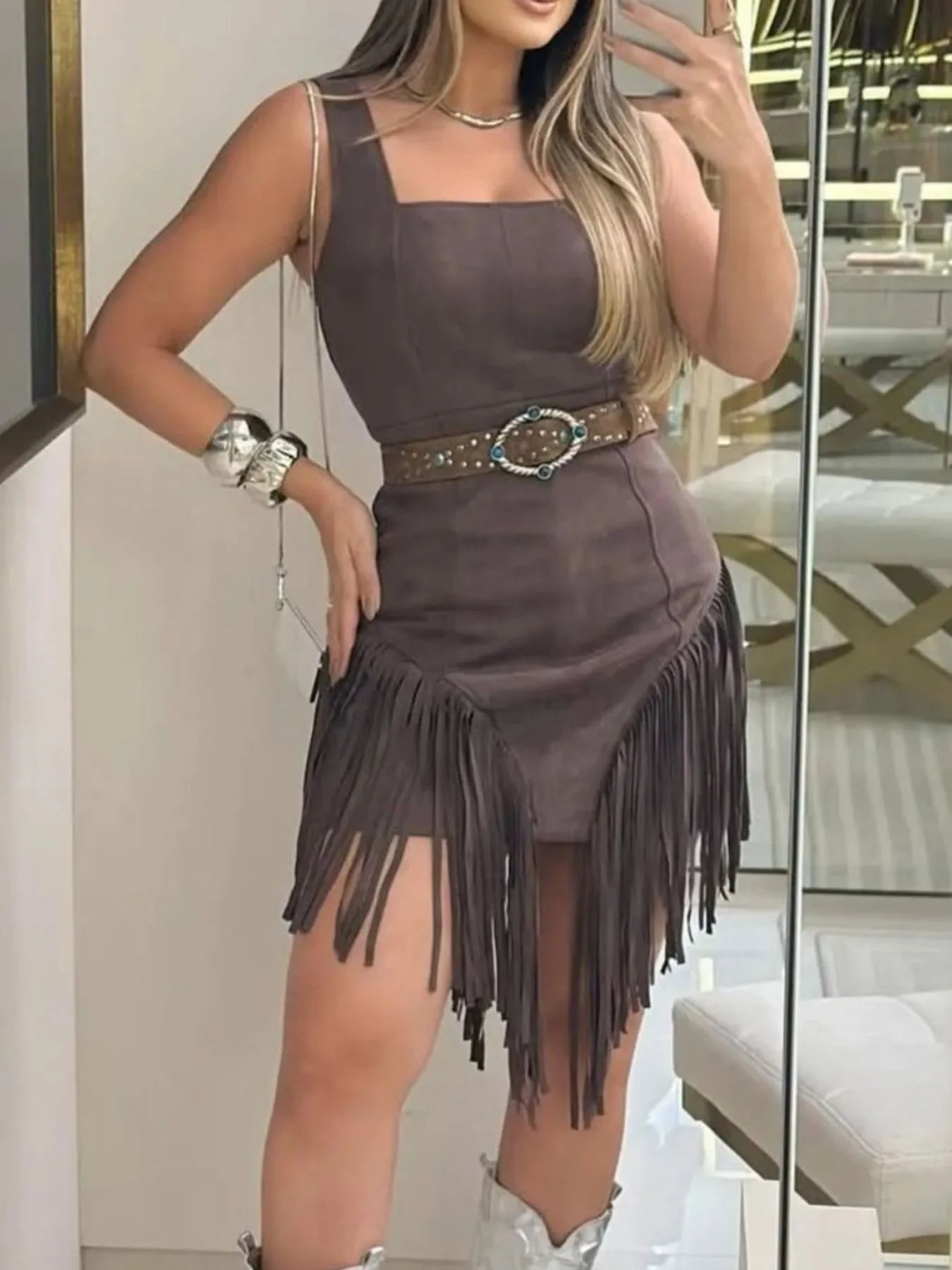 Image of Fringe Square Neck Bodycon Mini Dress | Queeble.shop