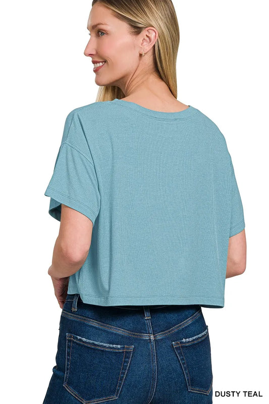 Image of Zenana Ribbed Round-Neck Crop T-Shirt | Queeble.shop