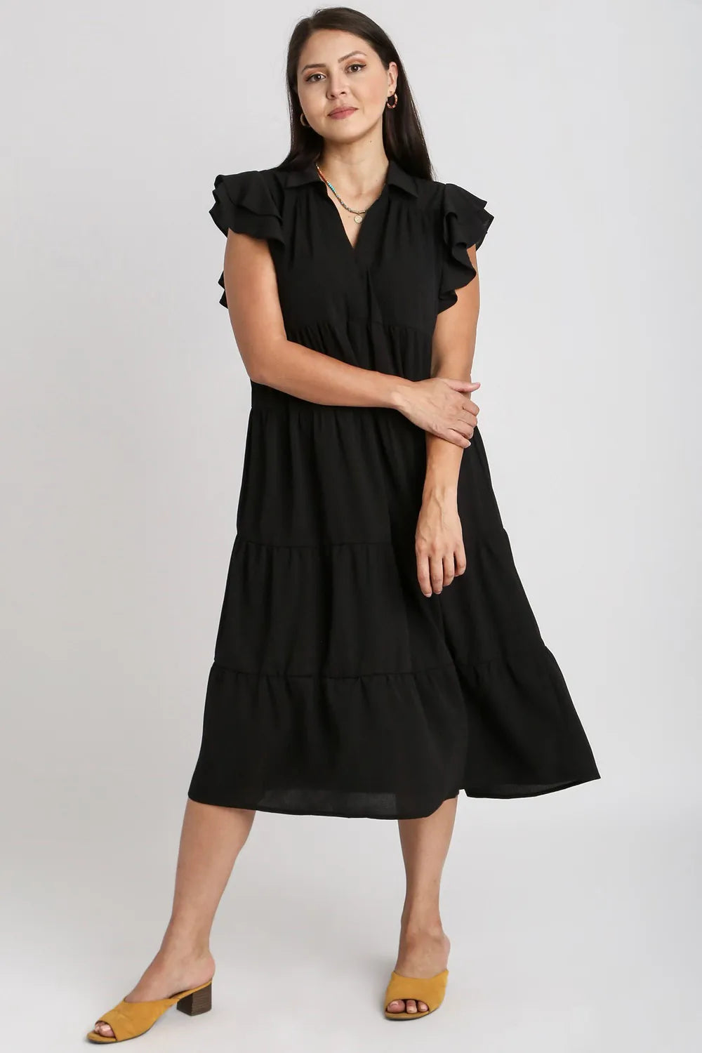 Image of Umgee Full Size Johnny Collar Ruffle Cap Sleeve Tiered Dress Plus Size | Queeble.shop
