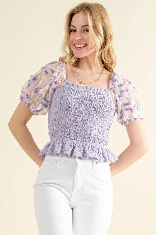 Image of And The Why Embellishment Sleeve Smocked Top | Queeble.shop