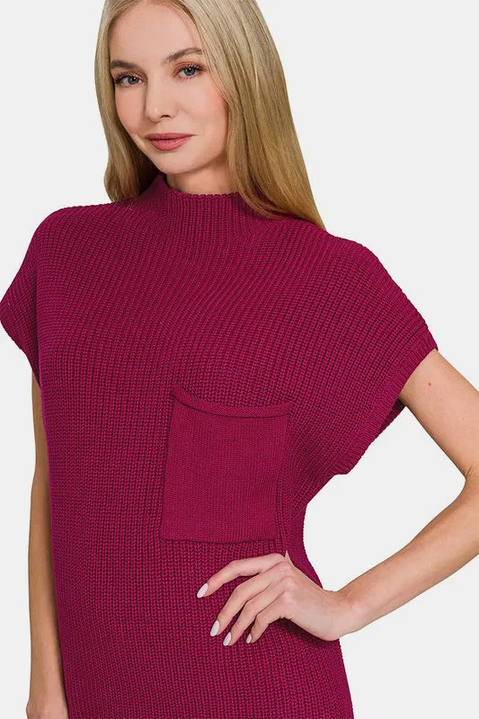 Image of Zenana Mock Neck Short Sleeve Sweater Dress | Queeble.shop