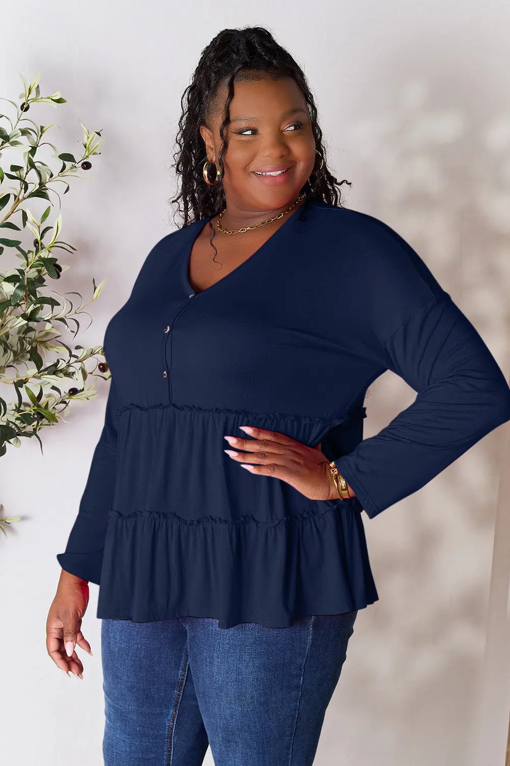 Image of Double Take Half Button Long Sleeve Ruffle Hem Blouse | Queeble.shop