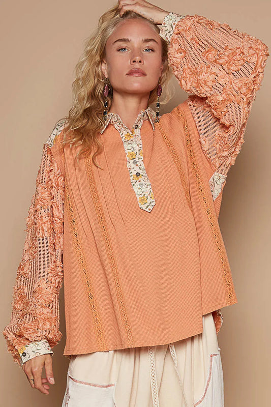 Image of POL Floral Half Button Lace Detail Long Sleeve Top | Queeble.shop